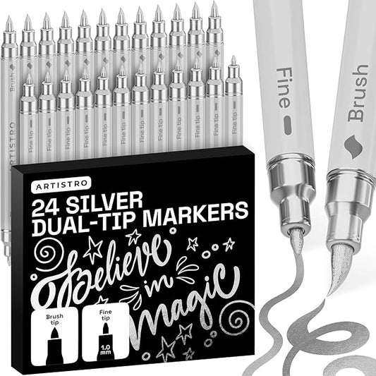 ARTISTRO 24 Silver Acrylic Paint Markers - Paint Pens for Drawing - For Fabric, Rock, Glass, Wood, Molds - Arts & Crafts Gift for Adults, Teens, Kids, Classroom Must Haves & School Supplies