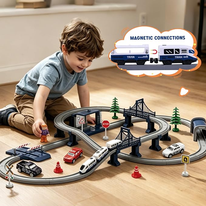 Wdmiya Train Sets for Boys 4-7, 104 Pcs Battery Operated Train Set with Tracks(Magnetic Connection), Compatible with Thomas, Brio, Chuggington, Gifts for 3 4 5 6 Years Old (City Blue 104 Pcs)