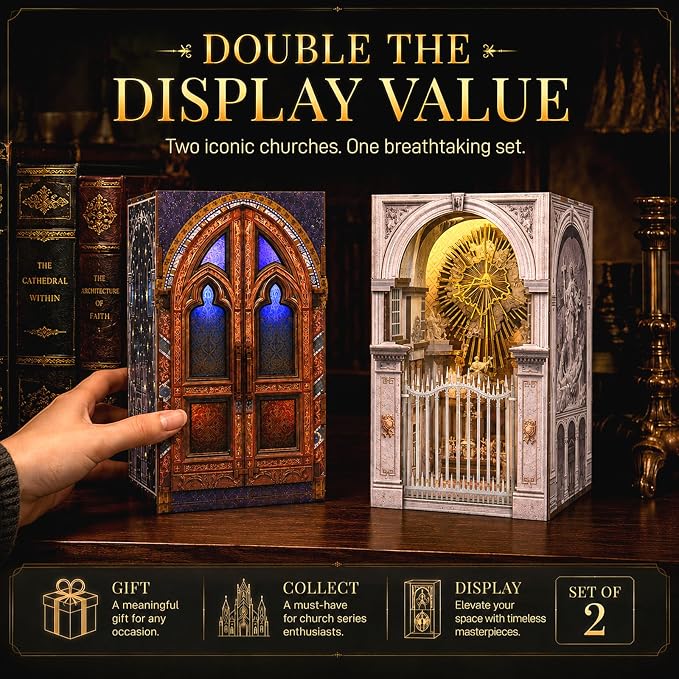 2 Pack DIY Dollhouse Kit, European Sacred Church Miniature with LED Light & Dustproof Design, Easy Assembly Wooden Architecture Craft for Adults Bookshelf Decor Creative Gift