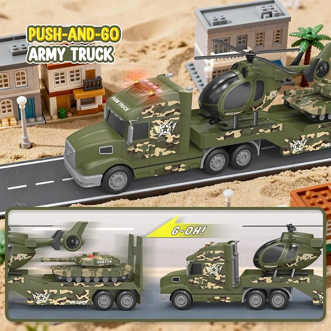Toddler Toys for 3 4 5 6 Year Old Boys - 27" Large Semi Army Truck Toy with Tank and Helicopter, 3-in-1 Friction Powered Transport Vehicle with Lights Sounds, Christmas Birthday Gifts for Boys
