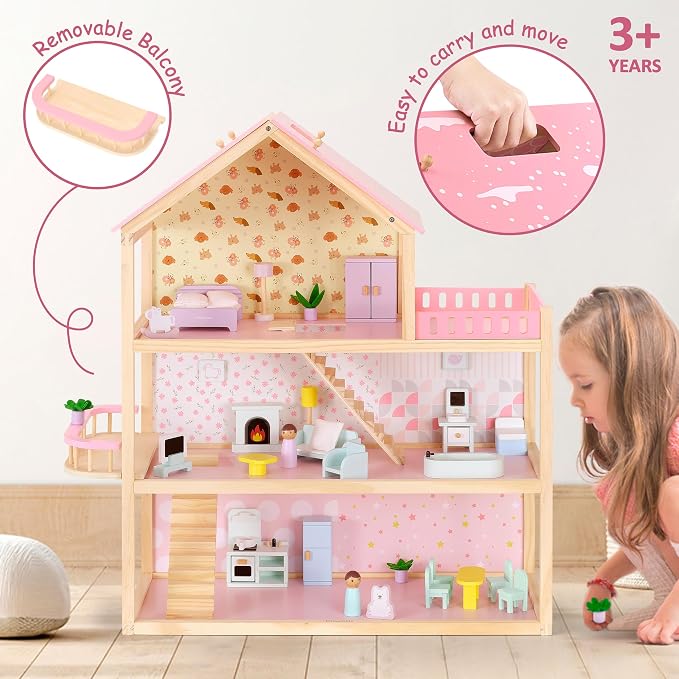 Pillowhale Wooden Dollhouse for Girls 3-Story Open Layout Playhouse with Furniture Accessories Pretend Play Role-Playing Toy Birthday Gift for Kids Ages 3+