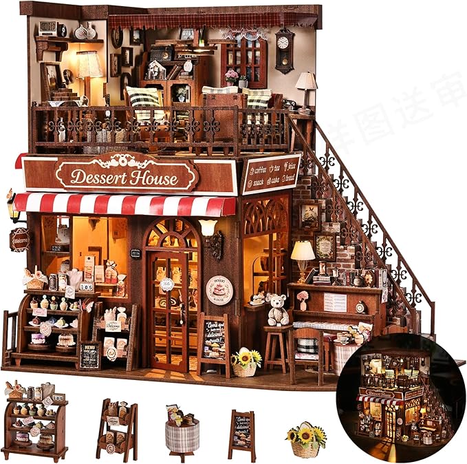 DIY Miniature House Kit, Dollhouse Fantastic Corner Shop for Adults to Build, Birthday/Christmas Day Gift for Family and Friends, Prefab Tiny Home with LED Lights,Corner Dessert House