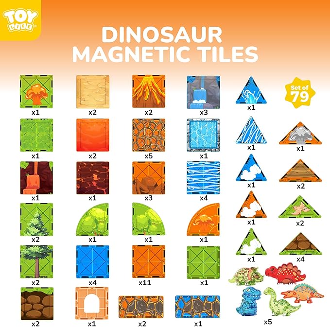 TOY Life 79PCS Magnetic Tiles Dinosaur Toys Set, Magnet Building Blocks Lava Dino World for Kids Ages 3-5, Jungle Animals Construction Toys for Toddlers 4-8, STEM Educational Gift for Boys & Girls 3+