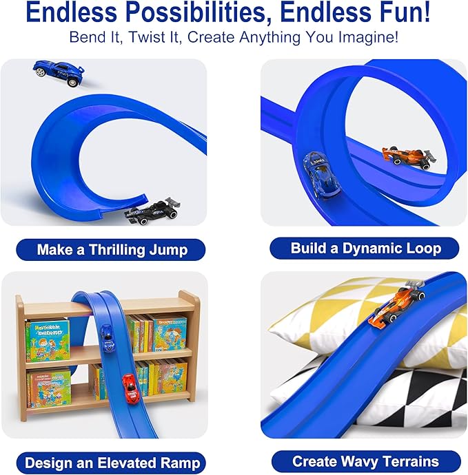 Flexible Race Track for Kids Starter Set - 20FT Flex Race Car Ramp Track with Strong Suction Cups, Rolls Up Portable DIY Racetrack Compatible with Hot Wheels & Diecast 1/64th Cars