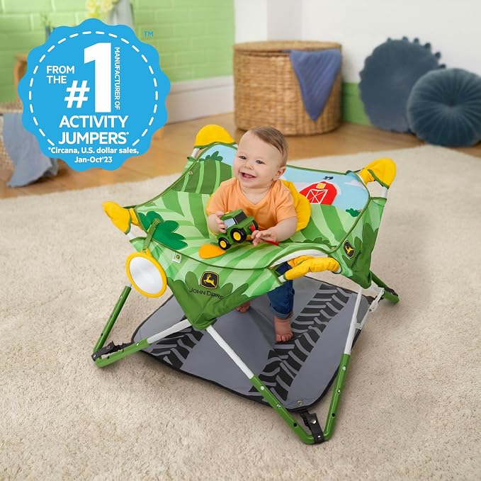 Bright Starts John Deere Pop 'N Jump Portable Baby Jumper, Foldable Indoor/Outdoor Baby Jumper with Sensory Activities, Ages 6–12 Months