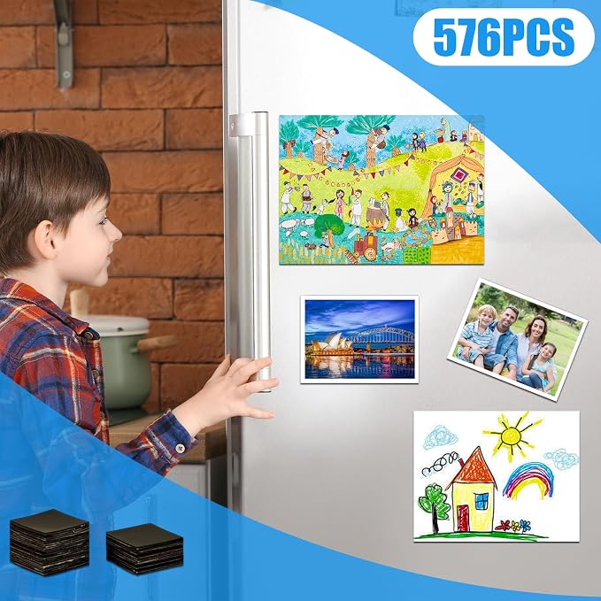 Pre-Cut Magnet Tape Strip,Thin Magnetic Squares with Self Adhesive(576PCS 3/4" x 3/4"),Sticky Magnets for Classroom/Family Activities,Peel and Stick ONLY for Cards/Picture/Paper (20mil Magnet)