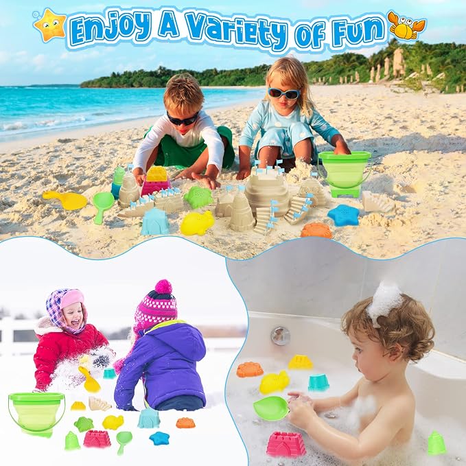 RACPNEL Collapsible Beach Toys for Kids, Foldable Sand Bucket and Shovels Set with Mesh Bag, Sand Castle Building Kit, Sandbox Toys, Travel Sand Toys Beach Essentials for Toddlers Age 3-10