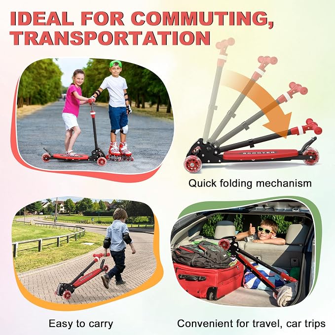 Scooters for Kids 6-8 8-12, Folding 3 Lighted Wheels Kick Scooter,3 Adjustable Height Handlebars, Lean-to-Steer,Widen Anti-Slip Deck, Heavy Duty Scooter for Boys Girls Ages 6-12,up to 170 Lbs