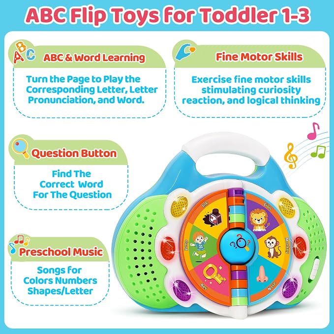 Musical Toddler Learning Toy, Alphabet Flip Book with Lights & Sounds, Car Seat Travel Toy for 1 2 3 Year Old Boys Girls, Interactive ABC Educational Toy for Daycare Classroom, Christmas Birthday Gift