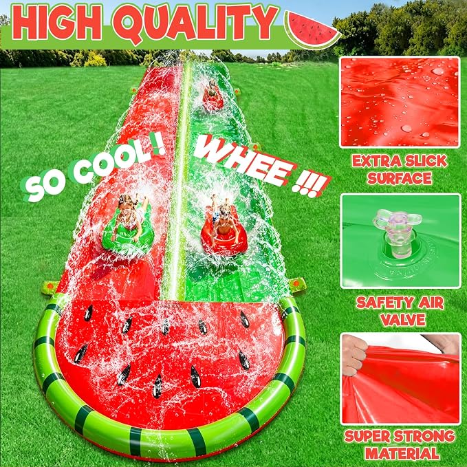 [ 3 Sided Safe Fence ] Watermelon Lawn Water Slides with 2 Bodyboards for Kids Adults, Heavy Duty Water Toys Sprinkler 2 Race Lane Outdoor Summer Beach Swimming Pool Water Game Party, 20 x 5.6 ft