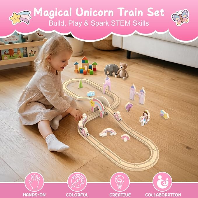 Wooden Train Set for Toddlers – 39 Pcs Unicorn Wooden Train Track Toy for Girls, Fantasy Toddler Toys for 3 4 5 6 Year Old Girls, Ideal Christmas Birthday Gift for 3-5 Girl