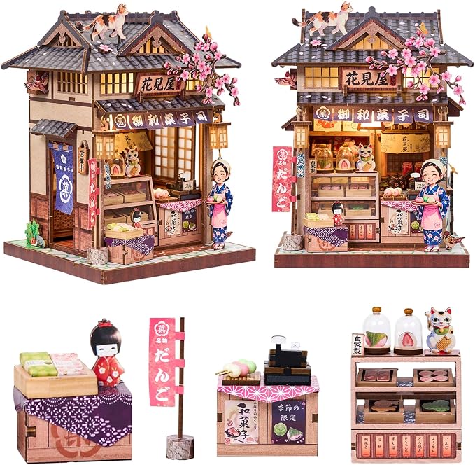 DIY Miniature Dollhouse Kit, Japanese Wagashi Shop 3D Wooden Puzzle with LED Light, Cherry Blossoms & Furniture, Cozy Home Decor, Relaxing Craft Hobby for Adults,Hanamiya