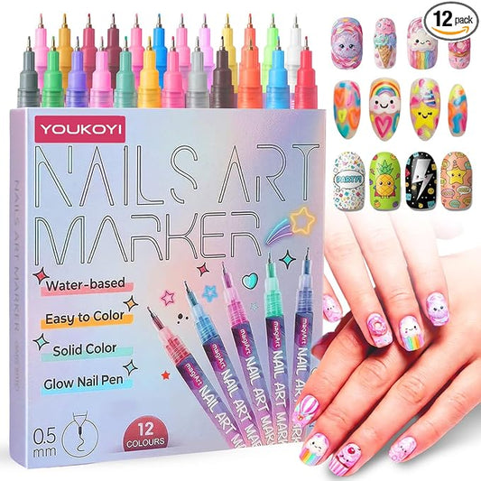 YOUKOYI Nail Art Pens, 12 Colors Precision Tip Nail Art Markers Set Easy to Use for Beginners, Vibrant Quick-Dry Paint for DIY Nail Design & Detailed Drawing - Professional Manicure Tools Kit