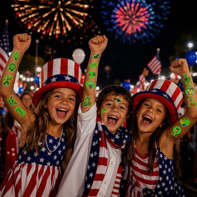 JCFIRE Luminous 4th of July Tattoos Glow in The Dark, Temporary Tattoos for Kids and Adults, 4th of July Accessories for Women Girls, Fourth of July Decorations Supplies