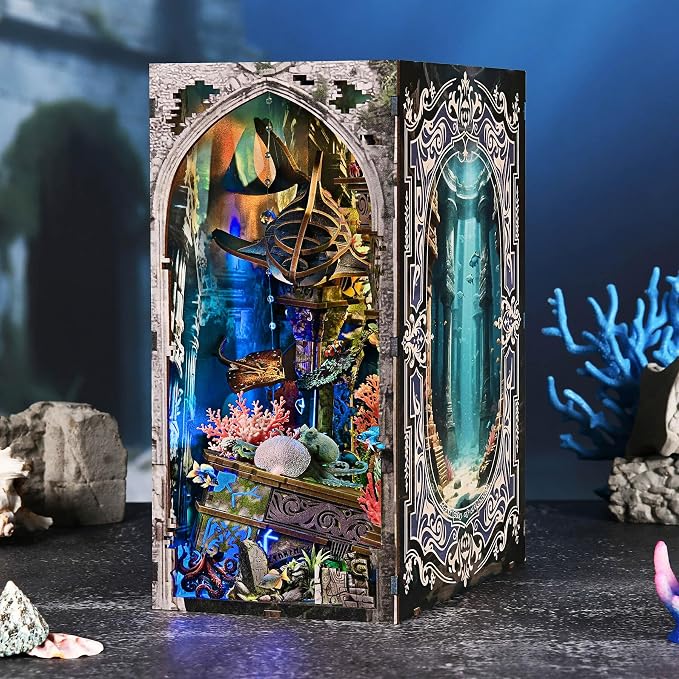 fifijoy Book Nook Kit - DIY Miniature Dollhouse Kit for Adults and Teens, 3D Wooden Puzzle Bookend with LED Light, Creative Bookshelf Decor Gifts for Family and Friends (Lost City of Atlantis)
