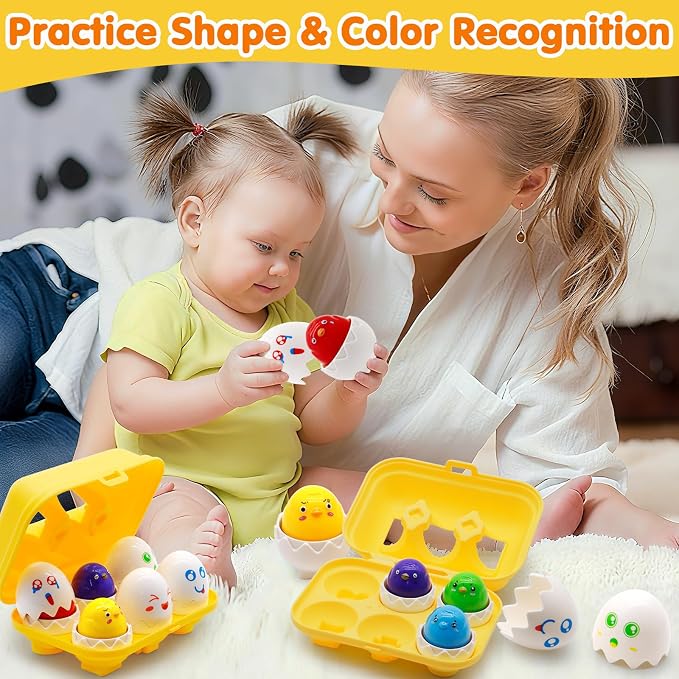 WEEJOYGAM Eggs Toys for Toddlers 1-3, Matching Egg Montessori Toys for 1 2 3 Year Old Baby Boy Girl Educational 1st Birthday Gift, Kids Sensory Color Sorting Shape Sorter Fine Motor Skill Puzzle Game
