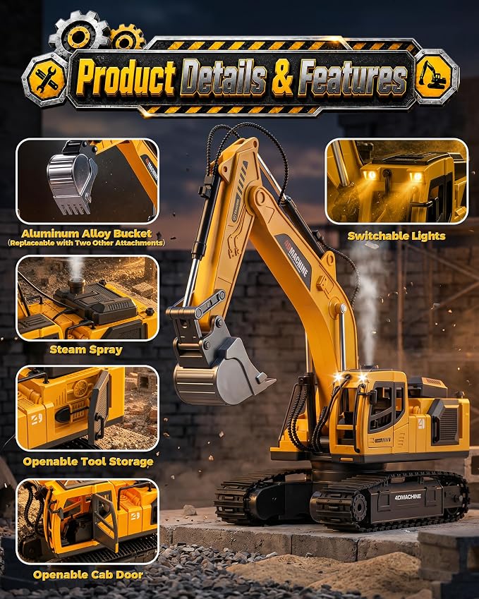 Remote Control Excavator Toy for Boys, 1:18 14-Channel RC Excavator with 3 Attachments, 2×1200mAh Batteries, Construction Toy for Sandbox Outdoor Play, Birthday Gift for Kids