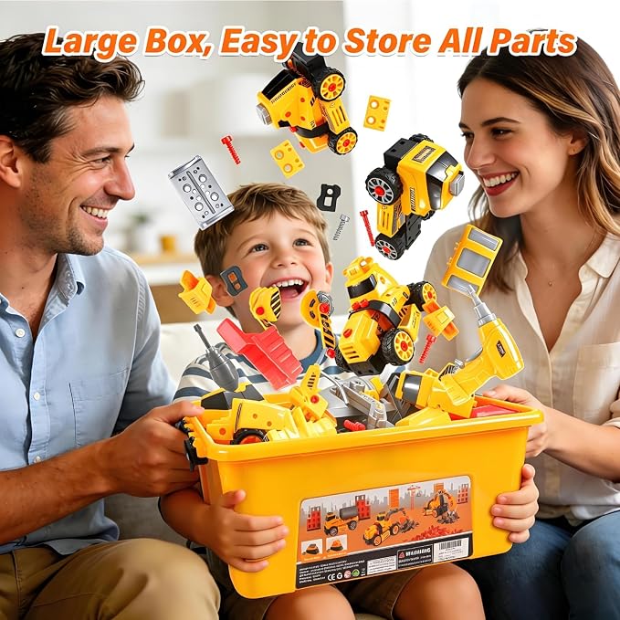FLY2SKY Take Apart Toys for 3 4 5 6 7 8 Year Old Boys 9 in 3 Construction Toy with Electric Drill Take Apart Truck Set DIY Engineering Building Toy Push & Go STEM Toy Gift for Boys Toys Age 6-8