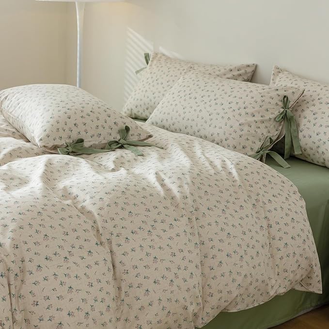 LifeTB Green Floral Comforter Set Queen Vintage Coquette Bedding Comforter for Girl Women Floral Botanical Comforter with 2 Bow Ties Pillowcases Cottagecore Bedding Flowers Comforter Set Queen Size