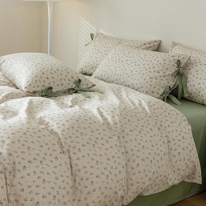 LifeTB Green Flower Comforter Set Twin XL Vintage Floral Comforter with 2 Bow Ties Pillowcases Soft Fluffy Cottagecore Bedding Set for Girls Women Botanical Bedding Comforter Set for All Season