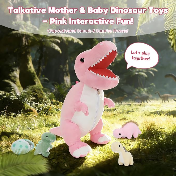MorisMos Dinosaur Stuffed Animal with Babies Inside Belly, 23.6'' Interactive Talking Mommy Stuffed Dino T-rex Plush with 3 Baby Dinos & Eggs, Boy Girl Dinosaur Toys for Kids 3-8, Pink T-rex Toys Gift