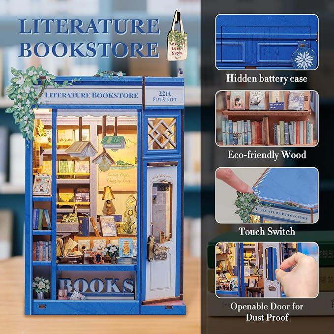 Fsolis Book Nook Kit - 3D Wooden Puzzles for Adults | DIY Miniature House Kit Tiny House Mini Booknook Bookshop Gifts for Women Teenagers (Literature Bookstore)