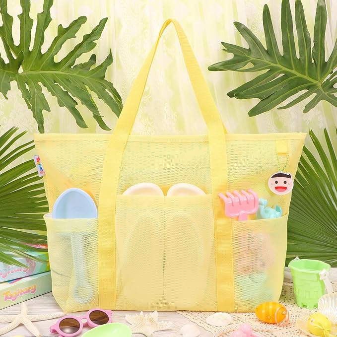 Tagitary Beach Toys for Kids and Mesh Beach Bag with Zipper, Large Beach Tote with 8 Pockets, Sand Toys Storage Pool Bag Beach Accessories for Sports Camping Picnic Travel