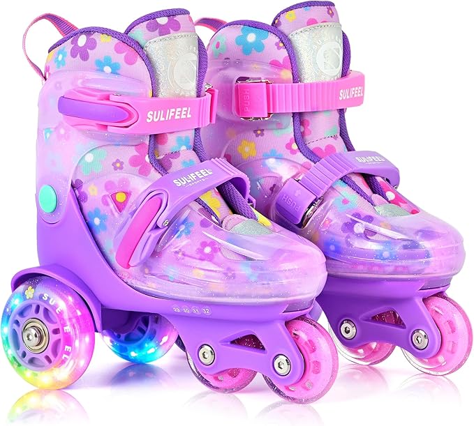 SULIFEEL Adjustable Roller Skates for Girls Boys Kids,Fun Illuminating Light Up Flash Wheels Three-Point Type Balance Suitable for Beginners Indoor Roller Skating