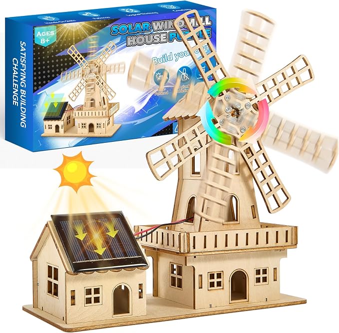STEM Solar-Powered 3D Wooden Puzzle Kit - DIY Dutch Windmill House Building Toy | Educational Science Craft for Kids 8-15 & Adults | Hands-On Creative Model Project | Adopt Basswood-Safe&Sturdy