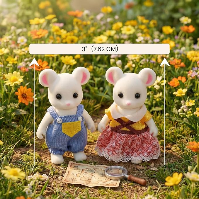 Family White Mouse Figures — Set of 2 Collectible Flocked Mini Dolls with Removable Clothes, Dollhouse Pretend Play Set for Kids Ages 3+