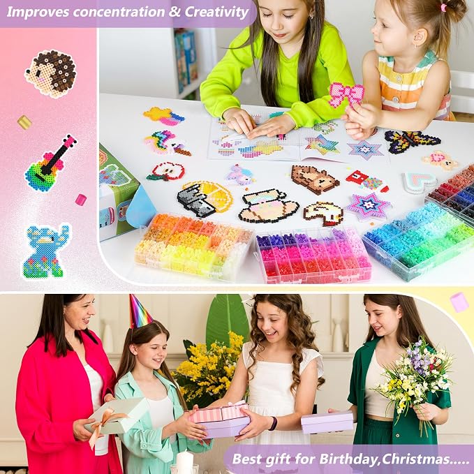 Zefy Fuse Beads Kit 92 Colors 19200 Pcs Melting Beads 5mm, Including 124 Patterns, 6 Pegboards, Ironing Paper, Tweezers & Hooks, Home School Arts and Crafts for Kids, Toys Gifts for Girls and Boys