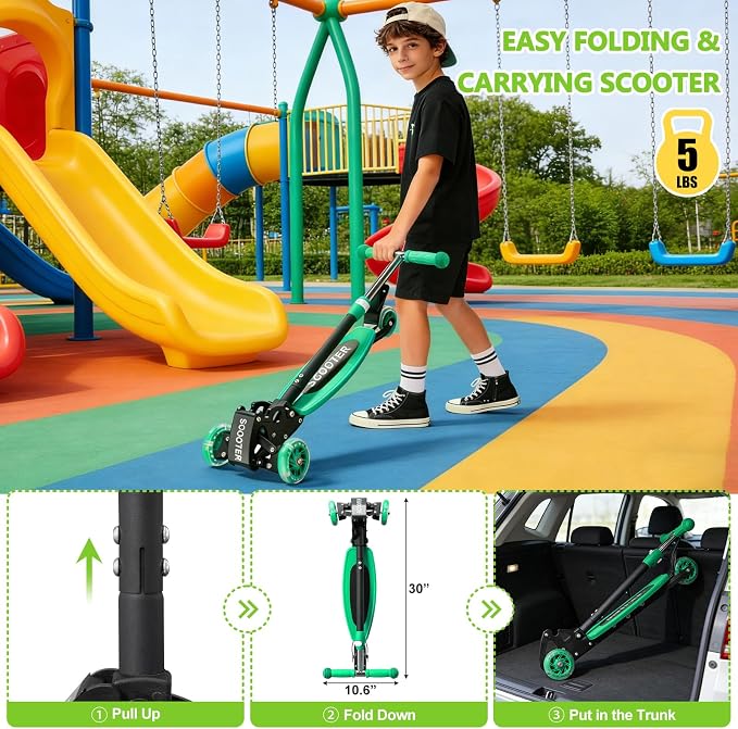 3 Wheel Scooters for Kids 2-5 5-7 Years, 4 Adjustable Heights Foldable Metal Toddler Scooter for Boys Girls Up to 120 lbs, Lean-to-Steer, Dual Rear Brake Widen Anti-Slip Deck