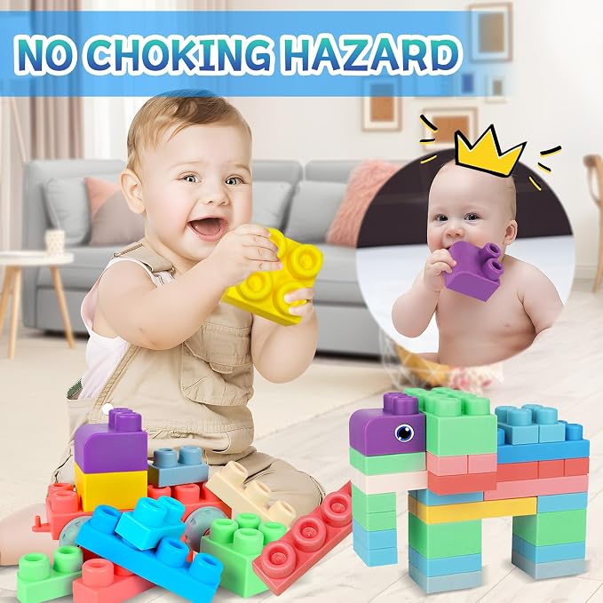 Baby Building Blocks Set, 80PCS Blocks for Babies 6 Months and Up | Rubber Soft Blocks with Storage Bucket, Large Building Blocks, Educational Stacking Toys, Toddler Gifts
