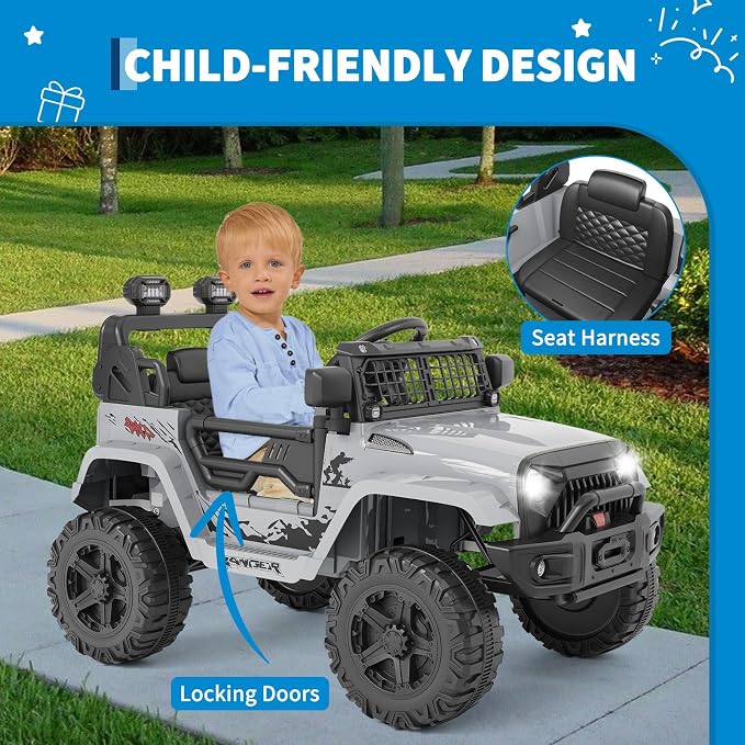 Hetoy 12V Ride on Toys with Parent Remote Control Toddler Electric Vehicle with Spring Suspension, LED Lights, Bluetooth, Music Player, 3 Speeds Ride on Car Truck for Kids Age 3-8 (Grey)