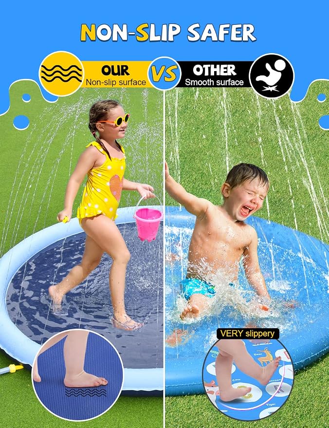 VISTOP Non-Slip Splash Pad for Kids and Dog, Thicken Sprinkler Pool Summer Outdoor Water Toys - Fun Backyard Fountain Play Mat for Baby Girls Boys Children or Pet Dog (117 inch, Blue&Blue)