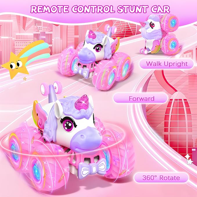 Remote Control Car for Girls, Unicorn Toys for Girls Age 3+ | 360° Rotating 4WD 2.4 GHz RC Stunt Cars with Light and Music, Unicorn Birthday Gifts Presents for 3 4-6 6-8