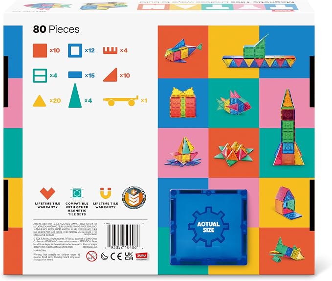 Tytan Magnetic Tiles 80-Piece Building Set by ZURU – Colourful STEM Construction Toy with Strong Snap-Fit Tiles for 2D and 3D Play, Includes Carry Bag, for Kids Ages 3+
