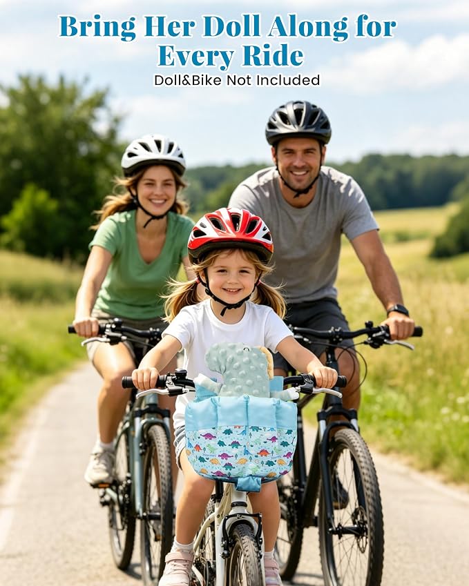BABESIDE Doll Bike Seat for 12 Inch Dolls, Dinosaur Doll Carrier for Kids Bike and Scooter, Baby Doll Accessories for Outdoor Play, Doll Bicycle Seat Gift for Girls Age 3+