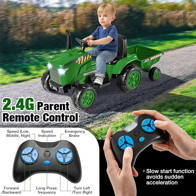 Costzon 2-in-1 Ride on Tractor, 12V Kids Ride on Car w/Detachable Trailer, Remote Control, Wireless Connection, Horn, Music/Lights/Spring Suspensions, Tractor Toys for Kids (Plastic Tires, Dark Green)