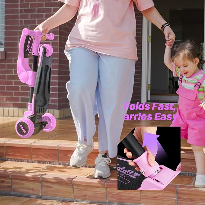 JOVA ZIFFY 2-in-1 Toddler Scooter with Seat, 3 Wheel Scooter for Kids 3-5 6-12, Foldable Light-Up Kid Scooters for Boy Girl 110 Lbs, Anti-Slip Deck, 3 Adjustable Height Handlebar, Kids Riding Toys