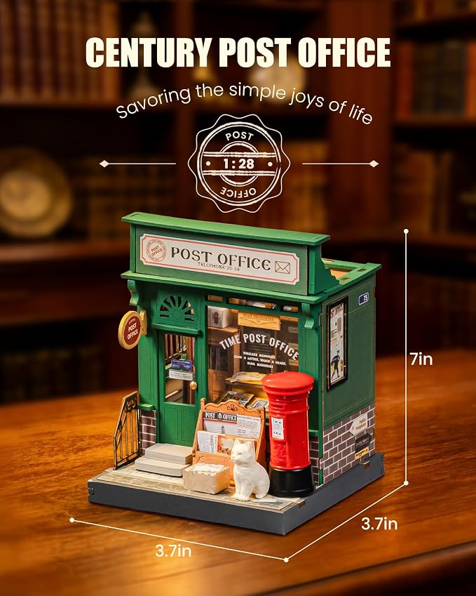 Robotime DIY Miniature House Kit for Adults, 1:28 Diorama Dollhouse with LED Lights, 3D Wooden Puzzles for Adults, Creative Crafts & Unique Gift for Craft Enthusiasts (Century Post Office)