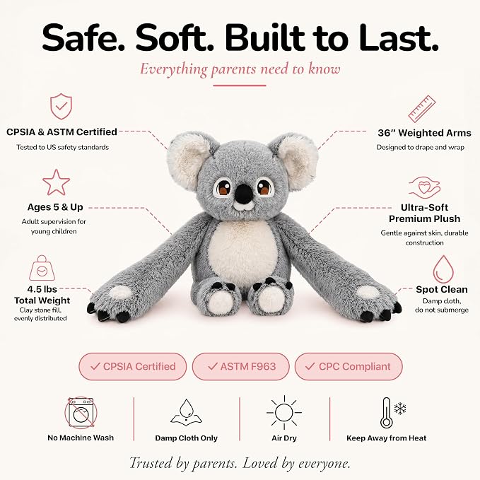 Huggle Healers Weighted Stuffed Animals for Adults, Teens and Kids - 36 Inch Long Plush Arms Grey Stuffed Animal for Hugs - 4.5lb Koala Plushies - Noa Koala