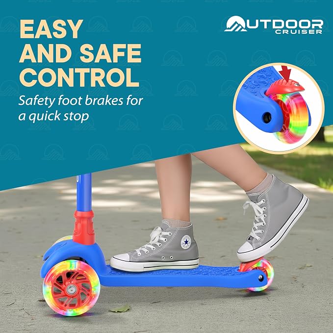 Outdoor Cruiser 3-Wheel Kids Scooter – with Lean-to-Steer Technology, Led Lighted Wheel, 4-Level Adjustable Height T-bar Handle, Support Kids Up to 150 Lbs, for Boys & Girls Ages 3-8, Blue and Red