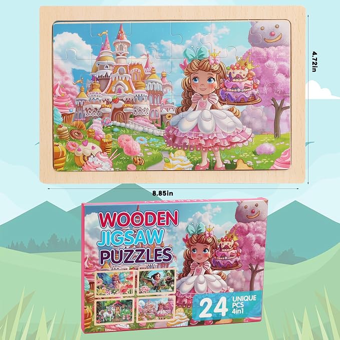 4 Sets of Wooden Puzzles, Each Set has 24 Pieces, Including Castle Unicorn Princess, for Toddlers 3-5, Puzzles for Kids Ages 4-6, Preschool Educational Brain Teaser Toys for Girls 3 4 5 6 Years Old.