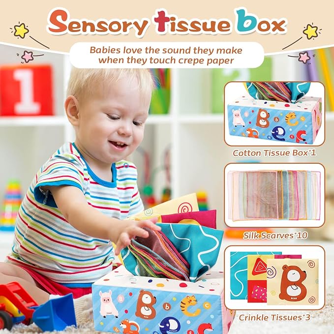Montessori Toys for 6-12 Months, 4 in 1 Baby Toys for 6 Month Old | Soft Stacking Blocks, Baby Tissue Toy, Teething Toy, Fine Motor & Cognitive Skills, Montessori Toys for Babies 6-12-18 Months