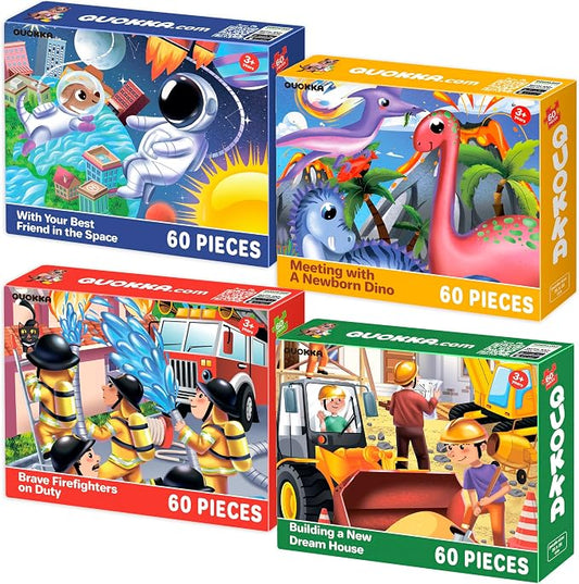 QUOKKA Puzzles for Kids Ages 4-6 - Set 4x60 Pieces Jigsaw Puzzles for Toddlers 3-5 - Space, Dino, Firefighters Toys for Children 6-8 yo - Gift Educational Game for Boys & Girls