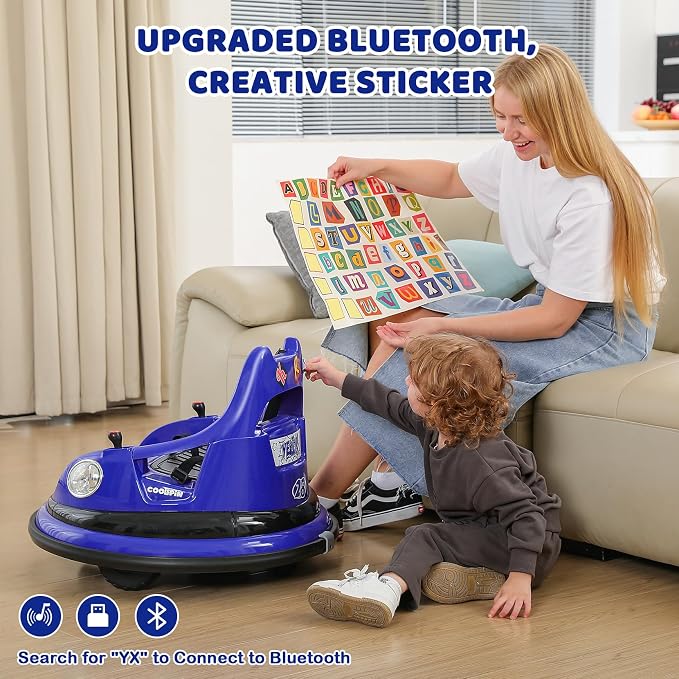 ELEMARA Electric Bumper Car for Kids, 12V Electric Car for Toddlers, 1.9MPH Max, Battery Car for Kids with Parent Remote, 2-Speed, 2 Driving Mode, 360°Spin, Music, 5 Lighting Mode, DIY Stickers-Navy