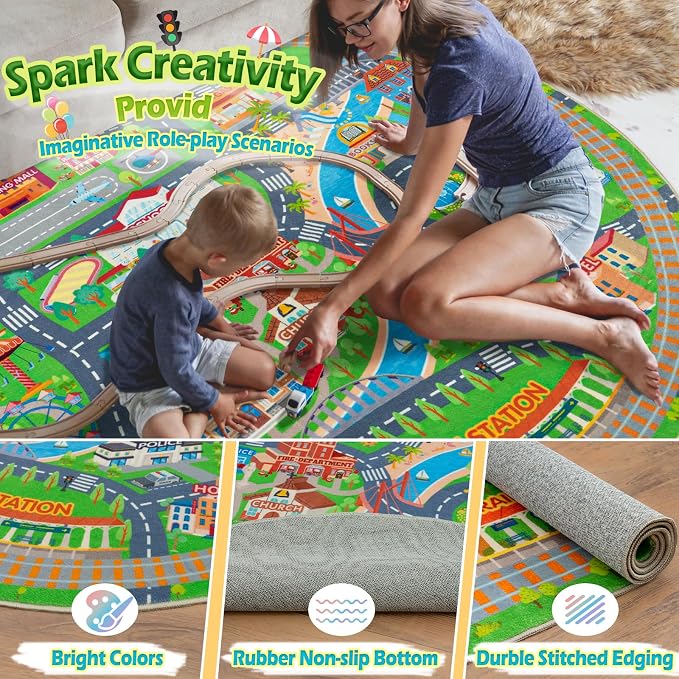 Car Rug Play Mat for Kids Toy Cars, Road Traffic Playmat for Kid Bedroom, Non-Slip Machine Washable Town City Race Track Carpet for Learn and Have Fun Round 72"