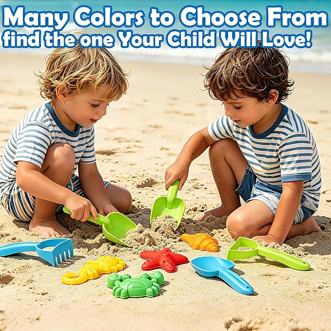 VGY Space-Saving Beach Toys for Kids,2 Collapsible Sand Buckets with Shovels,Rakes,Molds & Mesh Beach Bag,Portable Travel Sandbox Toys for Toddlers Ages 3-10