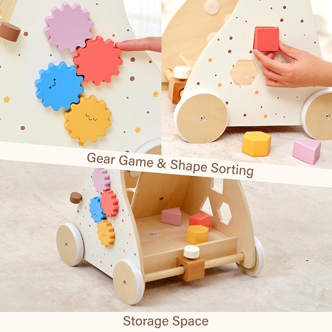 Pillowhale Wooden Baby Walker with Wheels Montessori Activity Push Walker Toy for Toddlers Adjustable Speed & Activity Center for Girls Boys 12M+